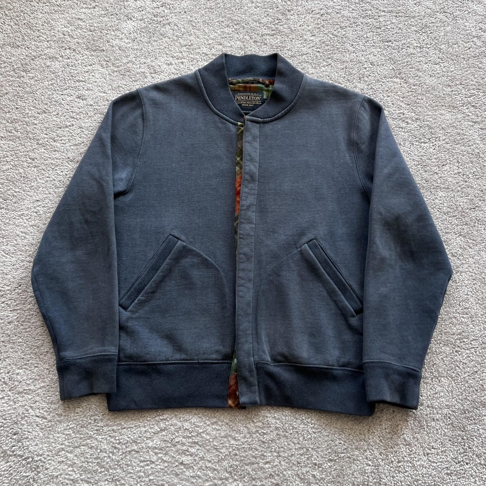 Pendleton Bomber Jacket Mens Medium‎ Blue Knit Plaid Trim Button Front Pockets
